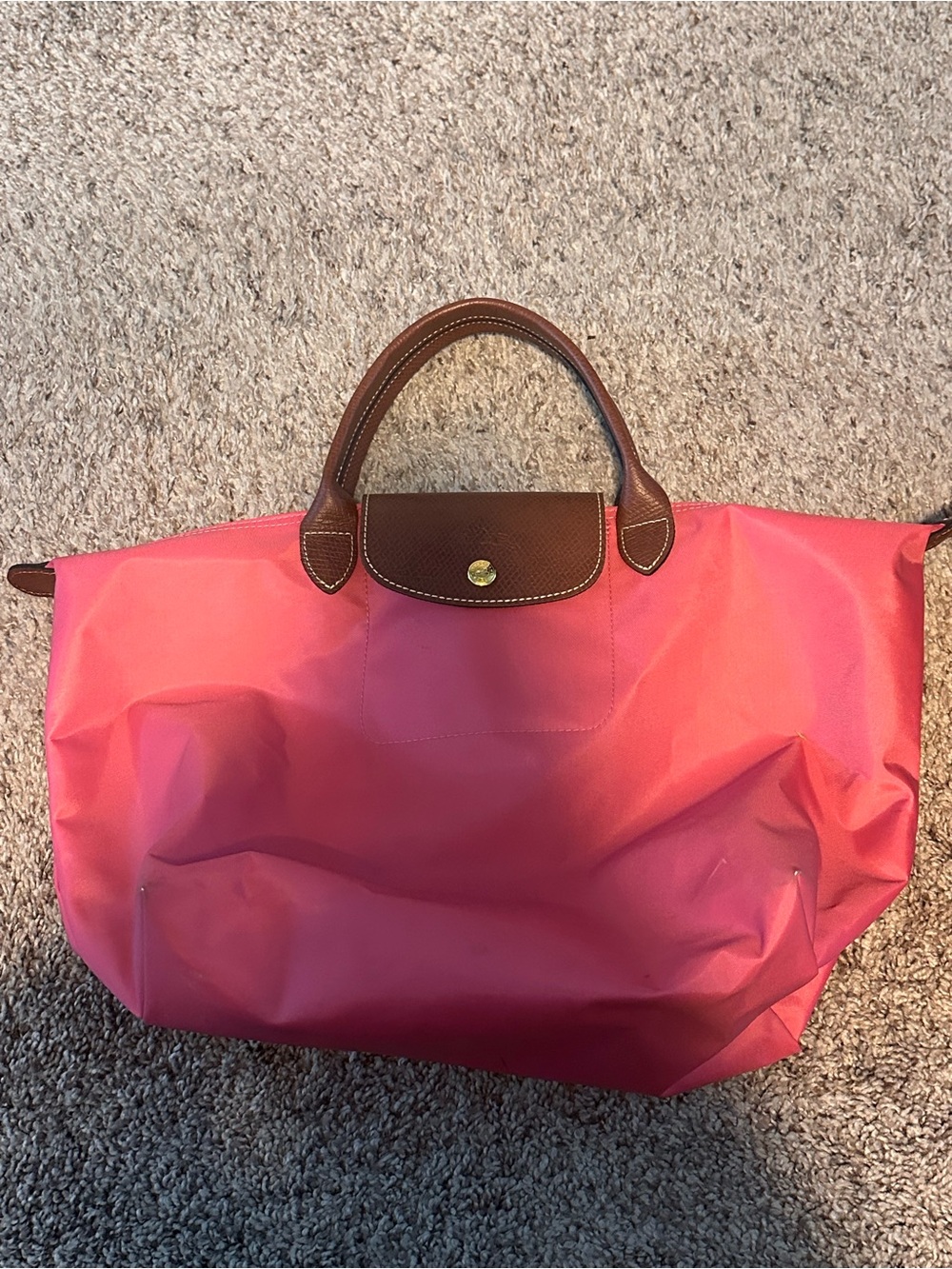 Longchamp Large Tote in Coral Pink with Brown Trim